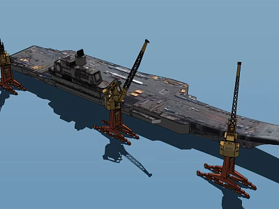 Large Warship Under Construction At Dock With Red Cranes On Water 3d model