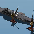 Large Warship Under Construction At Dock With Red Cranes On Water