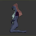 Blue Humanoid Creature With Red Head White Body Markings And Kneeling Posture On Reflective Surface 3d model