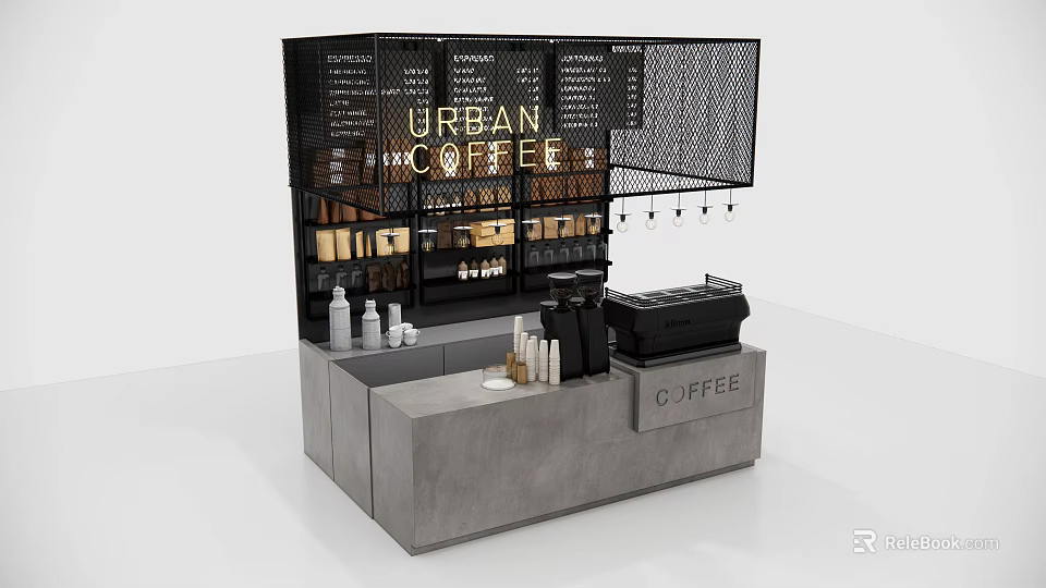Functional Coffee Counter with Black Mesh Shelves Urban Coffee Signage Gray Top and Coffee Machine 3d model 