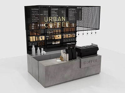 Functional Coffee Counter with Black Mesh Shelves Urban Coffee Signage Gray Top and Coffee Machine 3d model