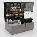 Functional Coffee Counter with Black Mesh Shelves Urban Coffee Signage Gray Top and Coffee Machine