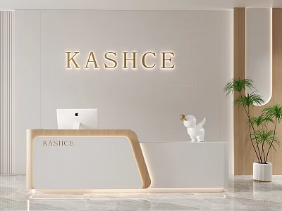 Modern Reception Desk with KASHCE Logo White Computer Decorative Figurine and Green Plant 3d model