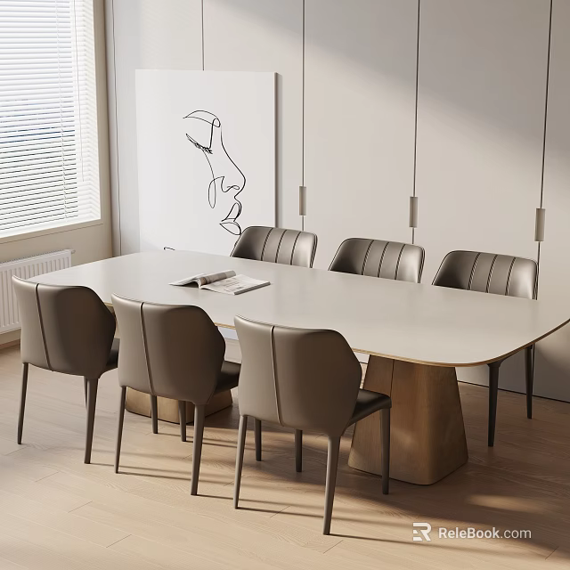 Modern Luxury Conference Table Interior With White Tabletop Wooden Legs And Six Chairs 3d model 