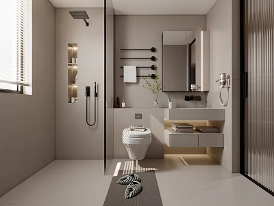 Modern Bathroom Interior Design With Walk In Shower Vanity Mirror And Recessed Lighting 3d model