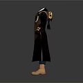 Dark Long Coat With Yellow Accents Vest Shirt Pants And Brown Boots
