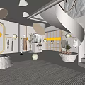 Modern Clothing Store Interior With Spiral Staircase Round Mirrors And Clothing Racks