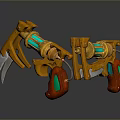 Futuristic Mechanical Claw Weapon with Golden Body Green Glowing Parts Red Details and Silver Spikes