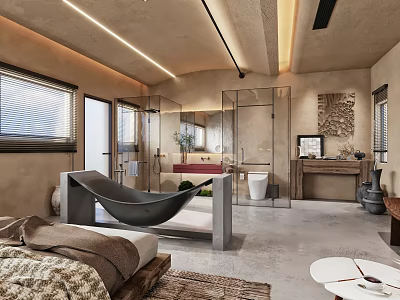 Modern Hotel Room Interior With Hammock Glass Partition And Concrete Floor 3d model