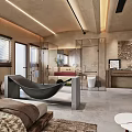 Modern Hotel Room Interior With Hammock Glass Partition And Concrete Floor