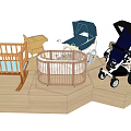 Modern Design Baby Gear Display With Crib Playpen Stroller And Wooden Base