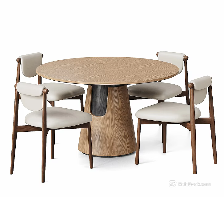 Modern Round Wooden Table with Conical Base and Light Colored Cushioned Chairs Set 3d model