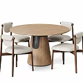Modern Round Wooden Table with Conical Base and Light Colored Cushioned Chairs Set 3d model