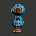 Blue Robot Character With Orange Ears Yellow Eyes And Rusty Details