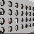 Exhibition Hall Culture Wall Featuring Circular Display Windows and Arranged Items on White Wall