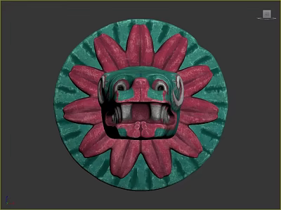 Animal Mask With Fierce Facial Features In Green And Red Circular Design Petal Surroundings 3d model