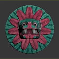 Animal Mask With Fierce Facial Features In Green And Red Circular Design Petal Surroundings