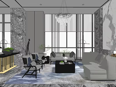 Modern Living Room Interior With Sofa Coffee Table Chandelier Large Windows And Marble Walls 3d model