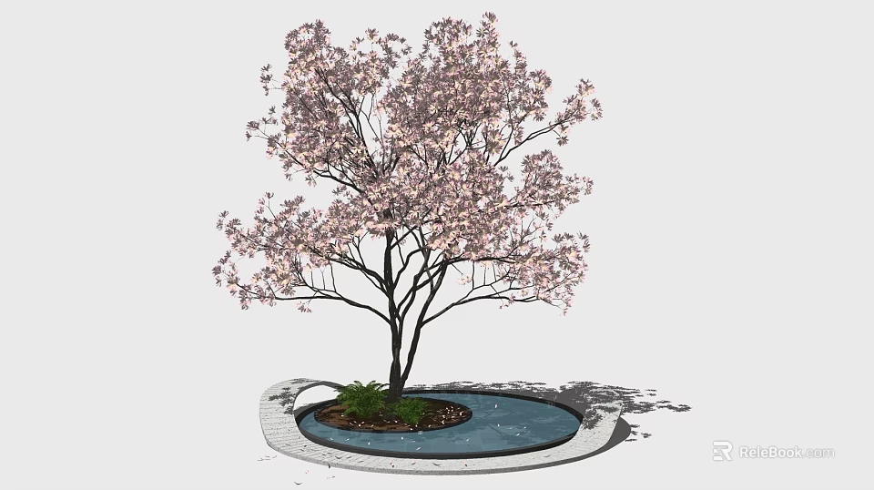 Flowering Tree with Pink Blossoms Black Trunk Surrounded by Circular Pool Brick Border Green Plants 3d model 