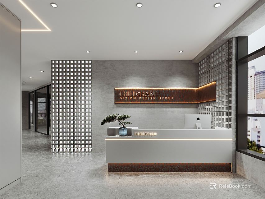 Modern Reception Desk With Elegant Backdrop Wall Marble Countertop Green Plants And Warm Lighting 3d model 