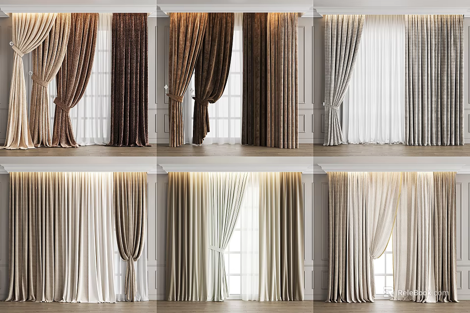 Modern Curtains In Various Colors Styles With Velvet And Lightweight Fabrics For Window Interior 3d model 