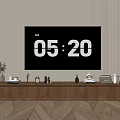 Wooden TV Stand With TV Decorative Items And Plants Near Wooden Slat Decor