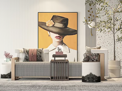 Modern Elegant Sofa and Coffee Table Set With Decorative Pillows And Wall Painting 3d model