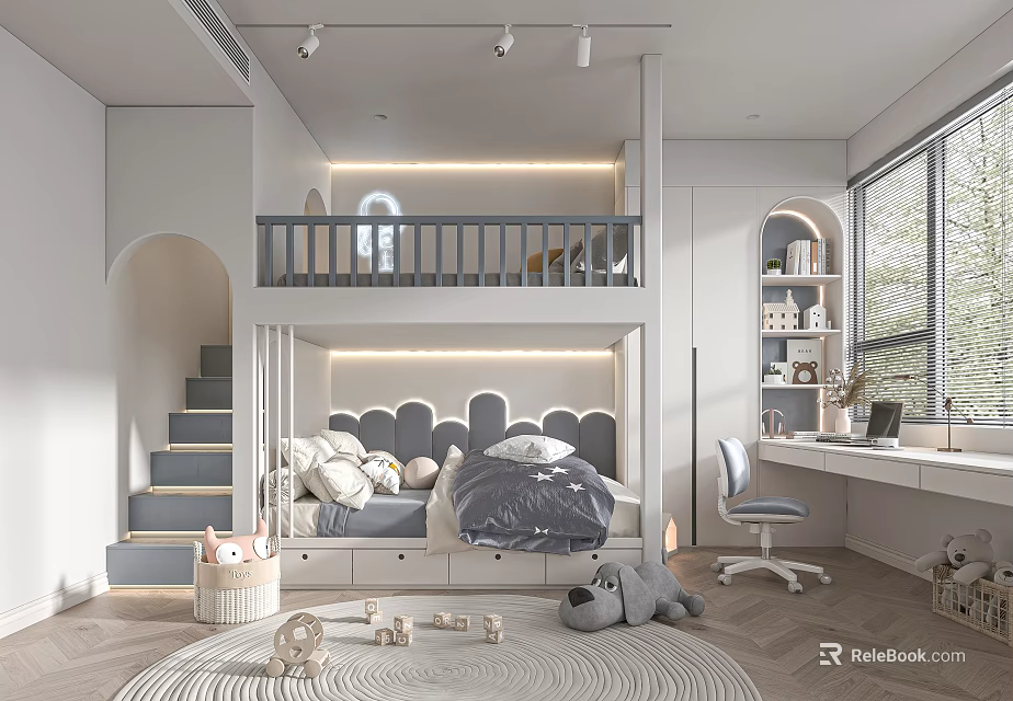Modern Kids Room Interior With Bunk Bed Staircase Study Desk Toys And Arch Design 3d model 