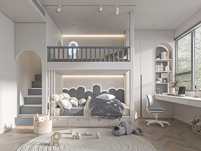 Modern Kids Room Interior With Bunk Bed Staircase Study Desk Toys And Arch Design 3d model