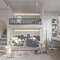 Modern Kids Room Interior With Bunk Bed Staircase Study Desk Toys And Arch Design