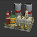 Cartoon Industrial Scene with Tall Red White Towers Small Building and Yellow Warning Signs