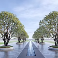 Circular Tree Pit with Lush Green Tree and Purple Flowers in Urban Plaza