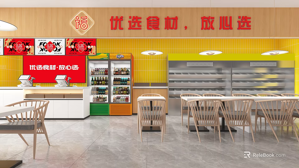 Modern Restaurant Interior With Fresh Ingredients Display Refrigerators Dining Tables And Chairs 3d model 