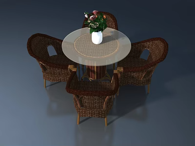Four Wicker Chairs Surrounding Round Glass Top Table With White Vase And Pink White Flowers 3d model
