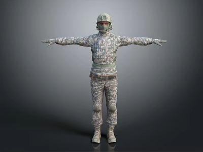 Military Soldier Figure Wearing Camouflage Uniform Helmet Face Mask And Arms Outstretched 3d model