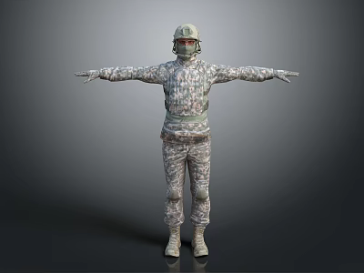 Military Soldier Figure Wearing Camouflage Uniform Helmet Face Mask And Arms Outstretched 3d model