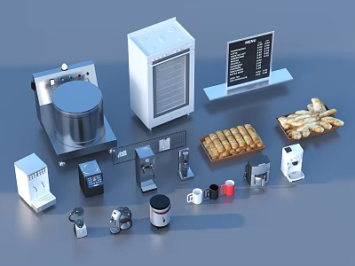 Bakery Kitchen Equipment Collection With Coffee Machines Bread And Cookies 3d model