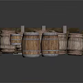 Vintage Stacked Wooden Barrels On Wooden Rack For Household Storage Use