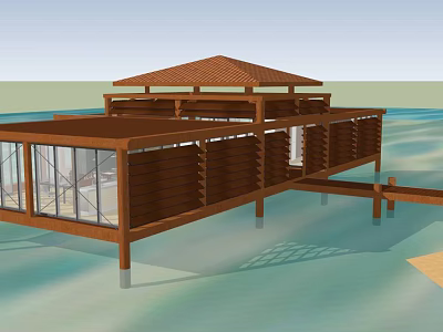Detached Wooden Villa Over Water With Red Roof Glass Windows And Deck 3d model