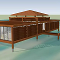 Detached Wooden Villa Over Water With Red Roof Glass Windows And Deck