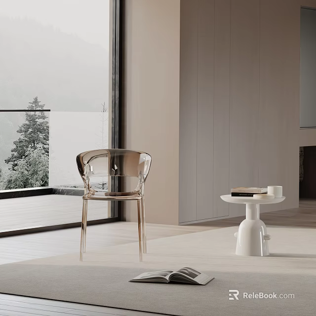 Modern Interior Featuring Transparent Dining Chair With Small Round Table And Scenic Natural View 3d model 