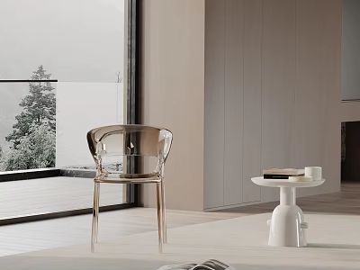 Modern Interior Featuring Transparent Dining Chair With Small Round Table And Scenic Natural View 3d model