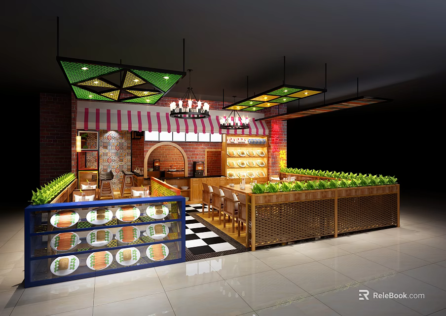 Cozy Restaurant Interior With Checkered Floor And Fresh Vegetable Displays 3d model 