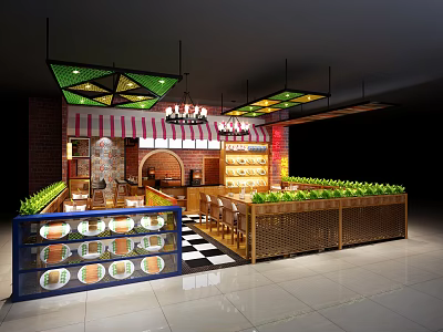 Cozy Restaurant Interior With Checkered Floor And Fresh Vegetable Displays 3d model