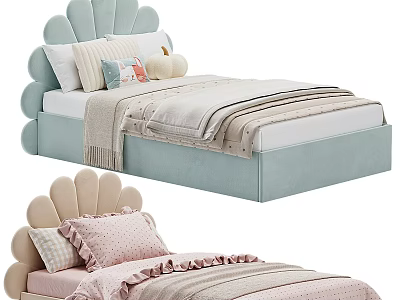 Adorable Kids Bed With Scalloped Headboard Light Blue Pink Bedding And Soft Pillows 3d model