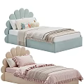 Adorable Kids Bed With Scalloped Headboard Light Blue Pink Bedding And Soft Pillows