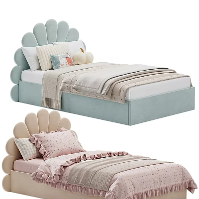 Adorable Kids Bed With Scalloped Headboard Light Blue Pink Bedding And Soft Pillows 3d model