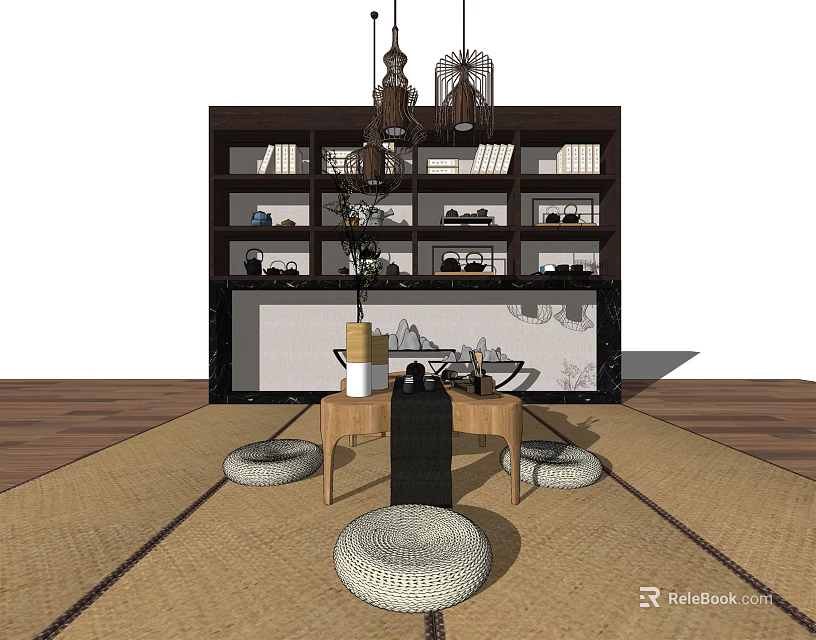 Japanese Style Tea Table Interior With Straw Mat Floor Round Cushions And Bookshelf Decorative Items 3d model 