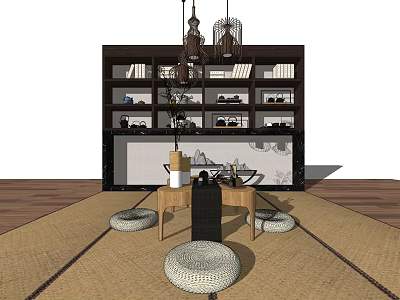 Japanese Style Tea Table Interior With Straw Mat Floor Round Cushions And Bookshelf Decorative Items 3d model