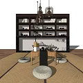Japanese Style Tea Table Interior With Straw Mat Floor Round Cushions And Bookshelf Decorative Items